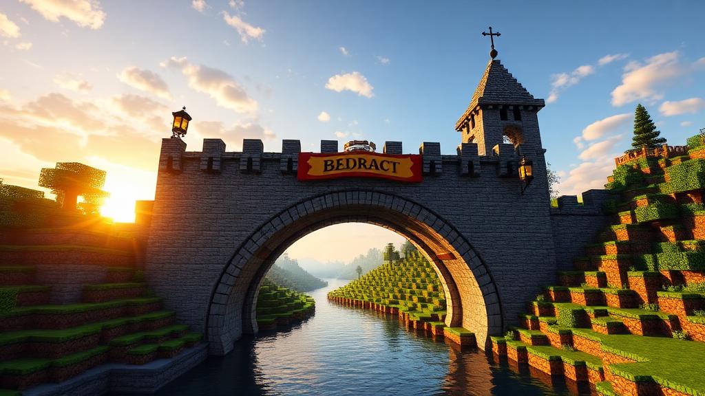 Minecraft stone arch bridge over a river with lanterns at sunset