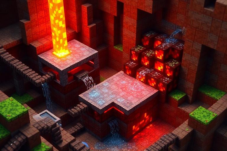 Minecraft cobblestone generator with lava and water flowing to create cobblestone blocks
