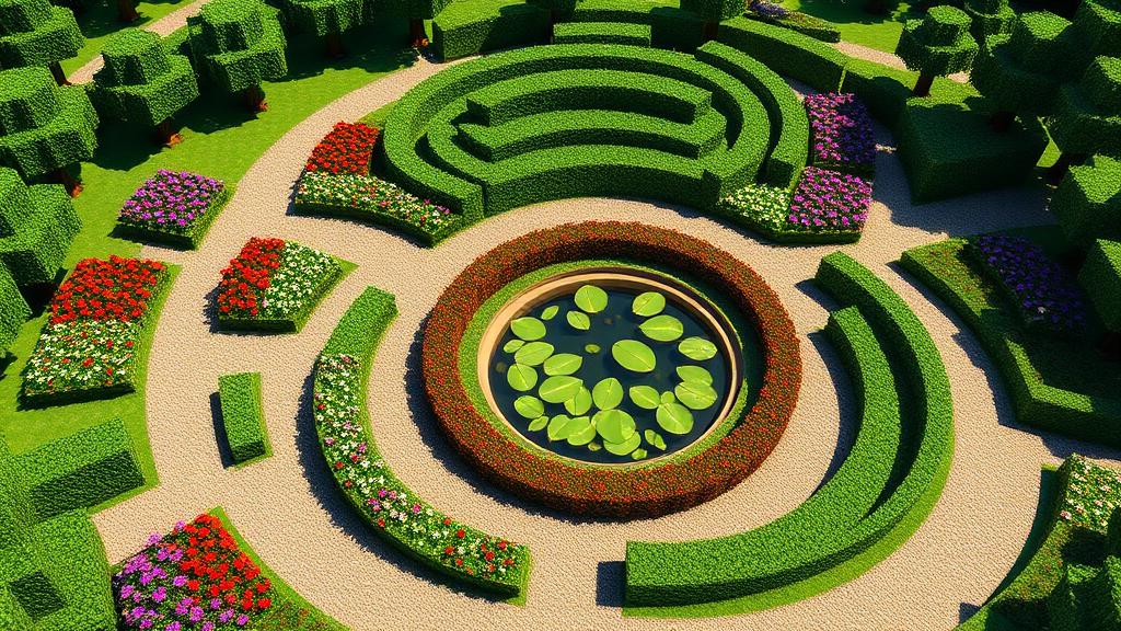 Minecraft garden with circular flower beds, round pond, and hedge maze