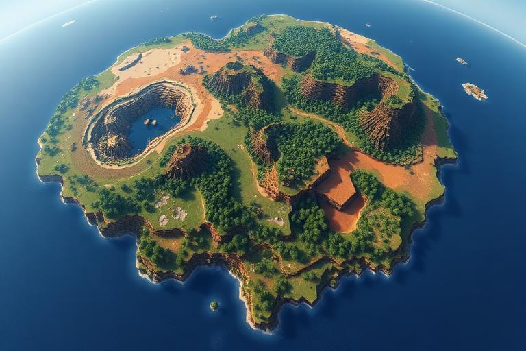 Aerial view of a generated Minecraft world showing diverse biomes and terrain