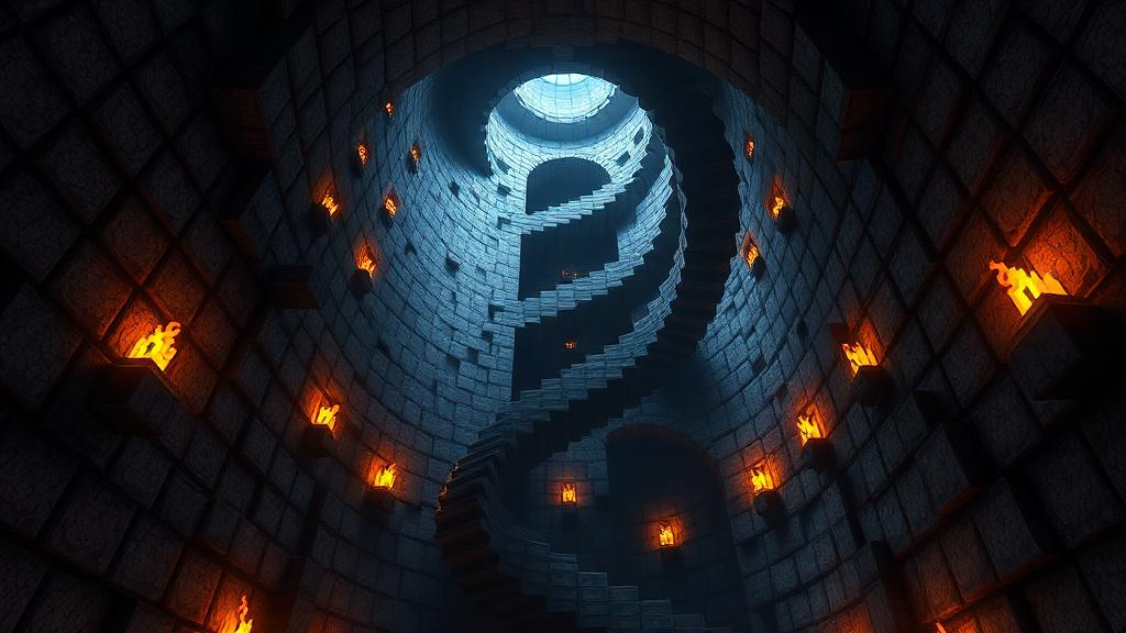 Minecraft grand spiral staircase inside a stone tower with torches