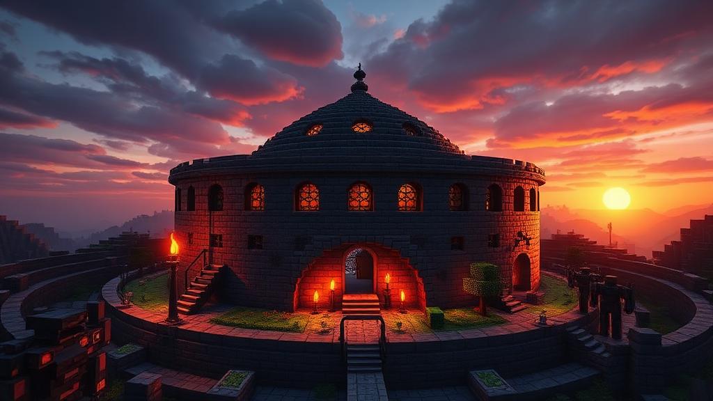 Minecraft circular survival base with dome roof and defensive moat at sunset